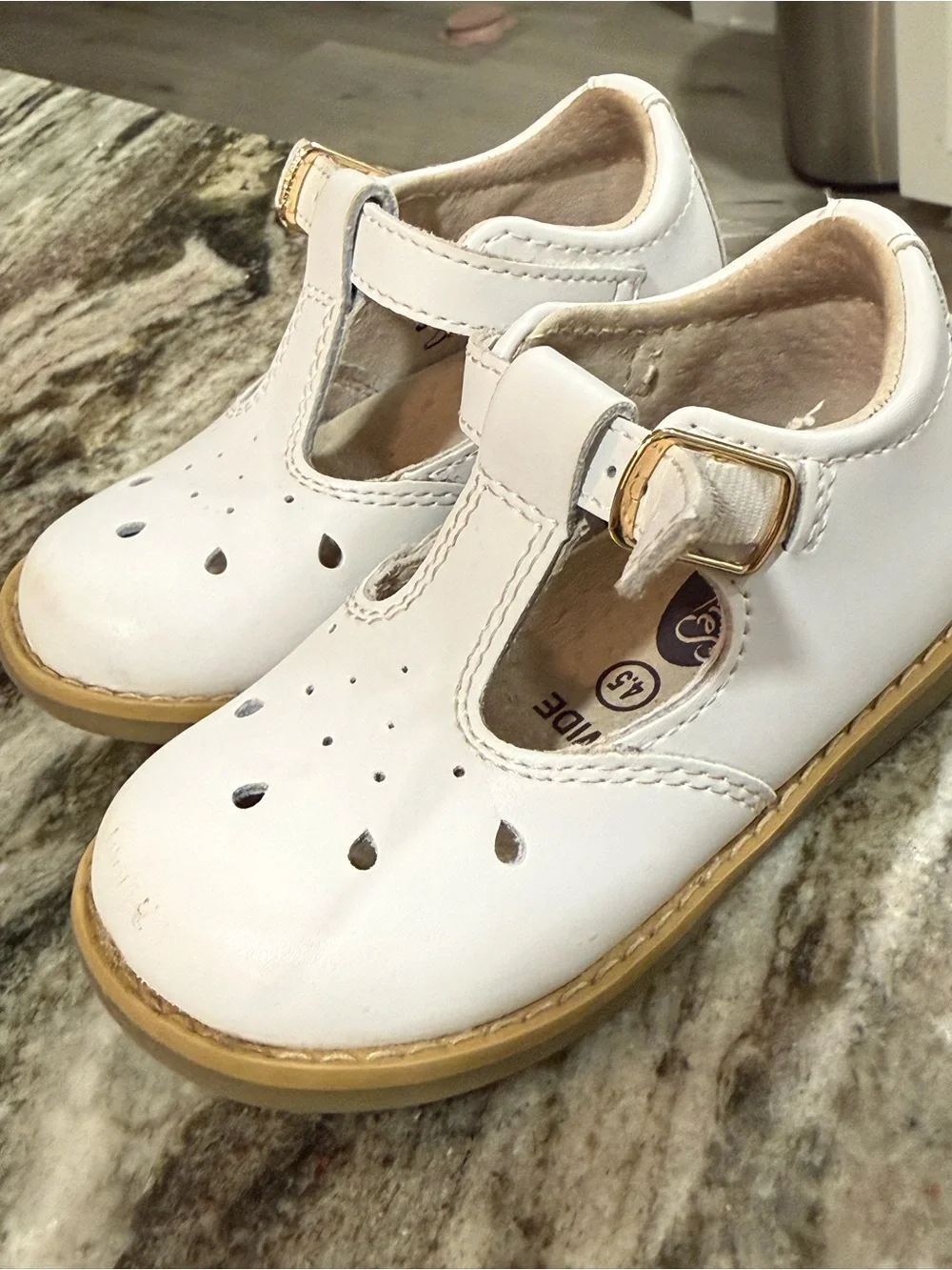FootMates White T-Strap Harper 7200 Shoes with Gold Buckle